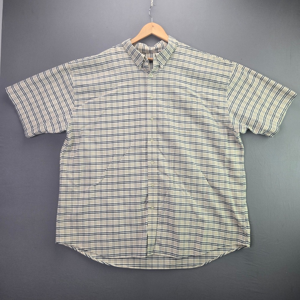 Van Heusen Plaid Button Up Shirt 3XLT Beige Navy Short Sleeve Big Tall Cotton